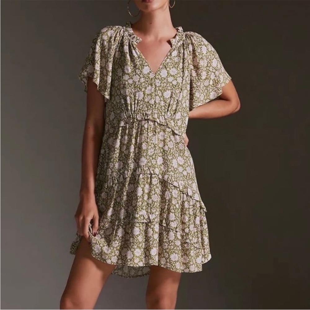 Anthropolgie Robin Tiered Mini Dress in Floral Moss Green